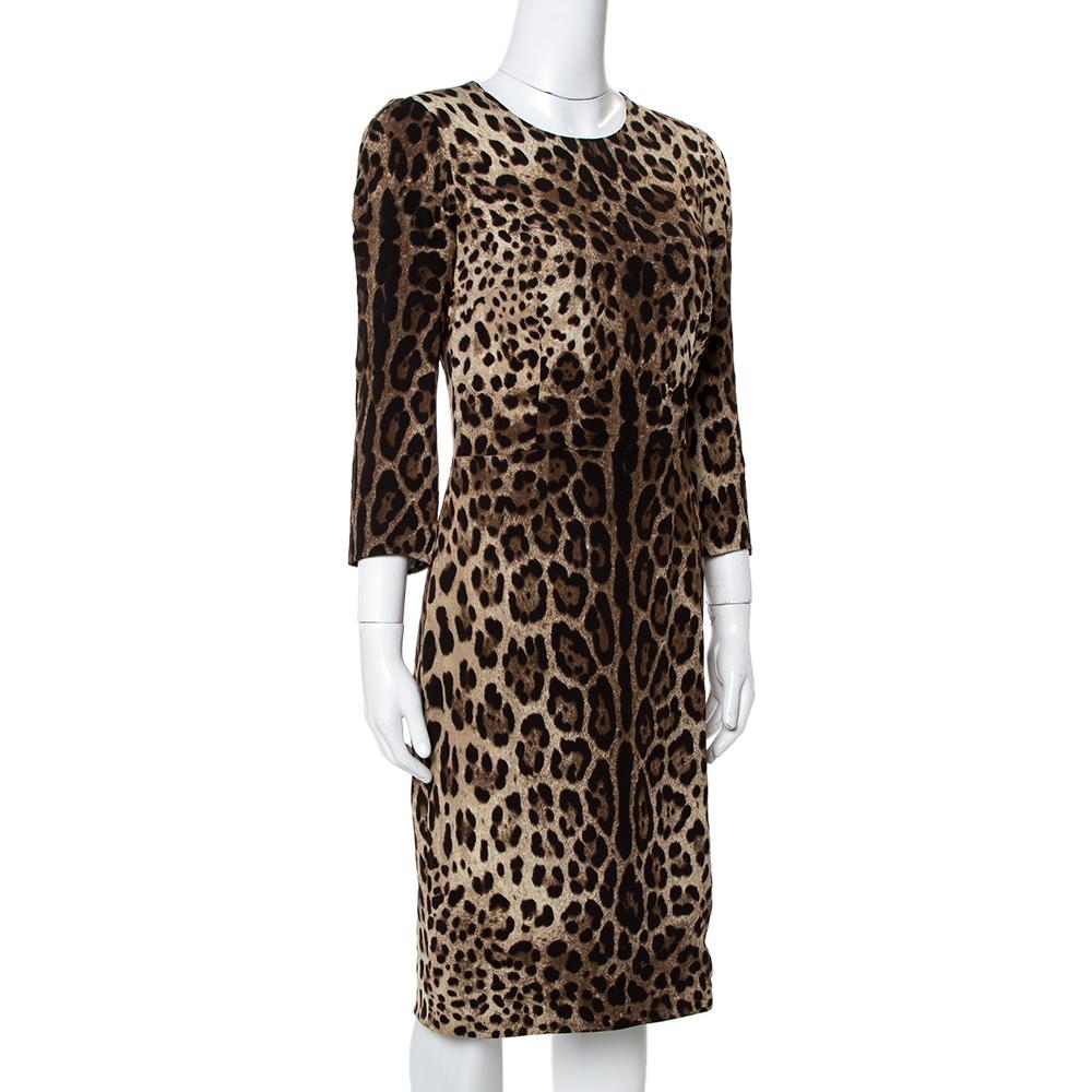 Black Dolce & Gabbana Brown Leopard Print Crepe Sheath Dress S