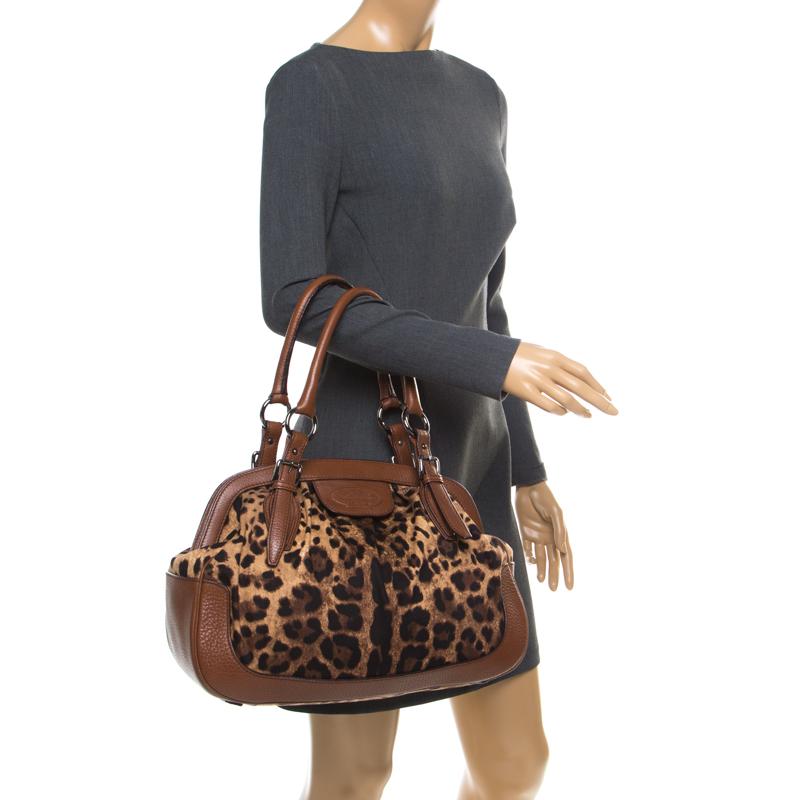 Dolce & Gabbana Brown Leopard Print Fabric and Leather Animalier Satchel In Excellent Condition In Dubai, Al Qouz 2