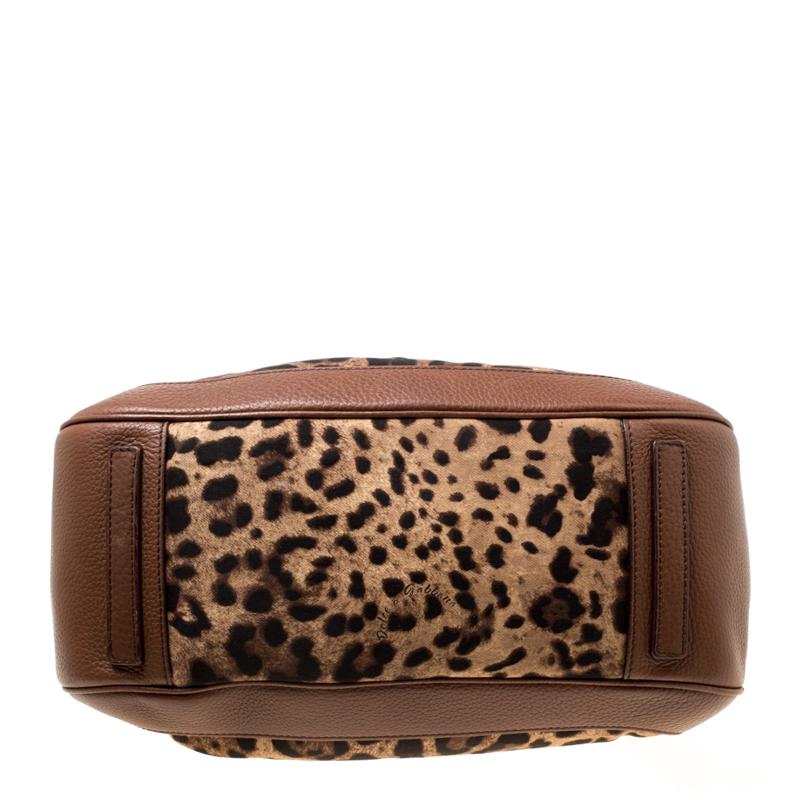 Women's Dolce & Gabbana Brown Leopard Print Fabric and Leather Animalier Satchel