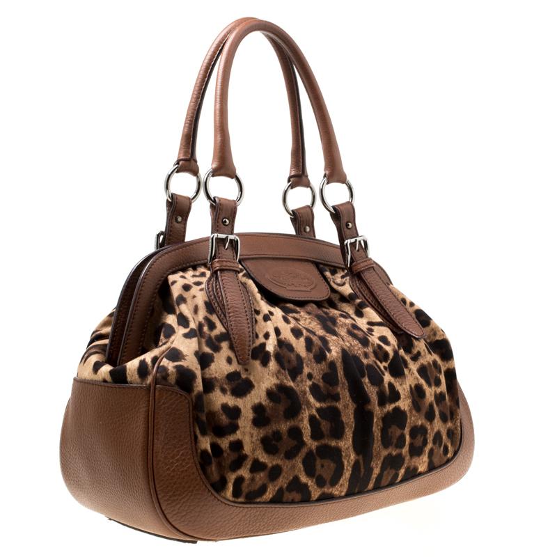 Dolce & Gabbana Brown Leopard Print Fabric and Leather Animalier Satchel 5