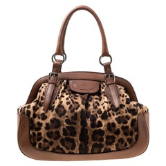 Dolce & Gabbana Brown Leopard Print Fabric and Leather Animalier Satchel
