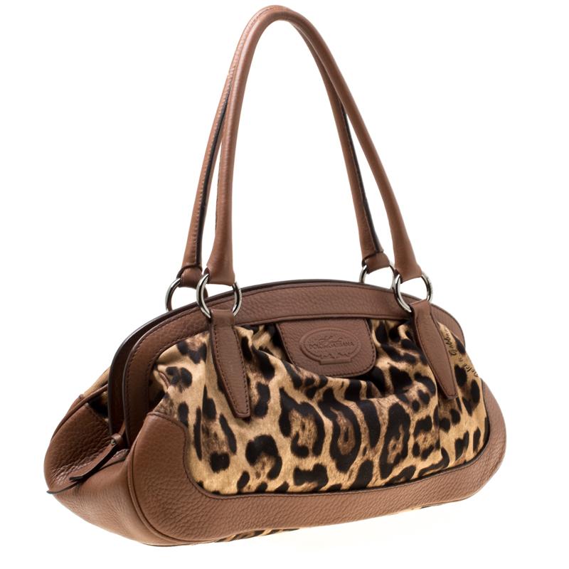 Women's Dolce & Gabbana Brown Leopard Print Fabric and Leather Animalier Zip Satchel