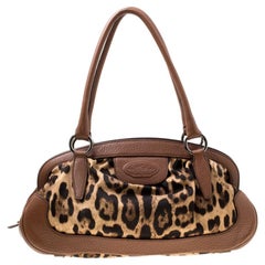 Dolce & Gabbana Brown Leopard Print Fabric and Leather Animalier Zip Satchel