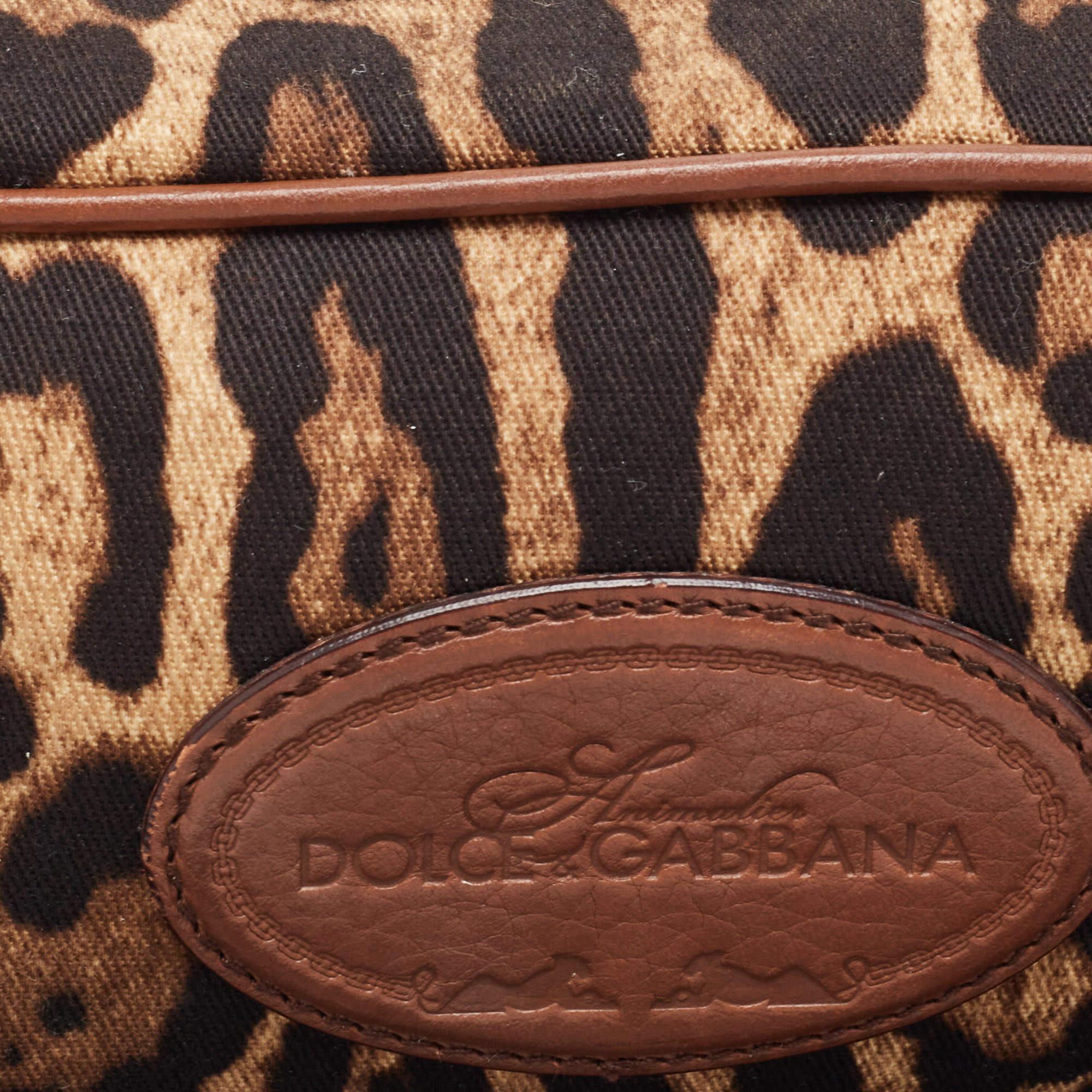 Dolce & Gabbana Brown Leopard Print Fabric and Leather Cosmetic Pouch For Sale 10