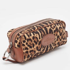 Dolce & Gabbana Brown Leopard Print Fabric and Leather Cosmetic Pouch