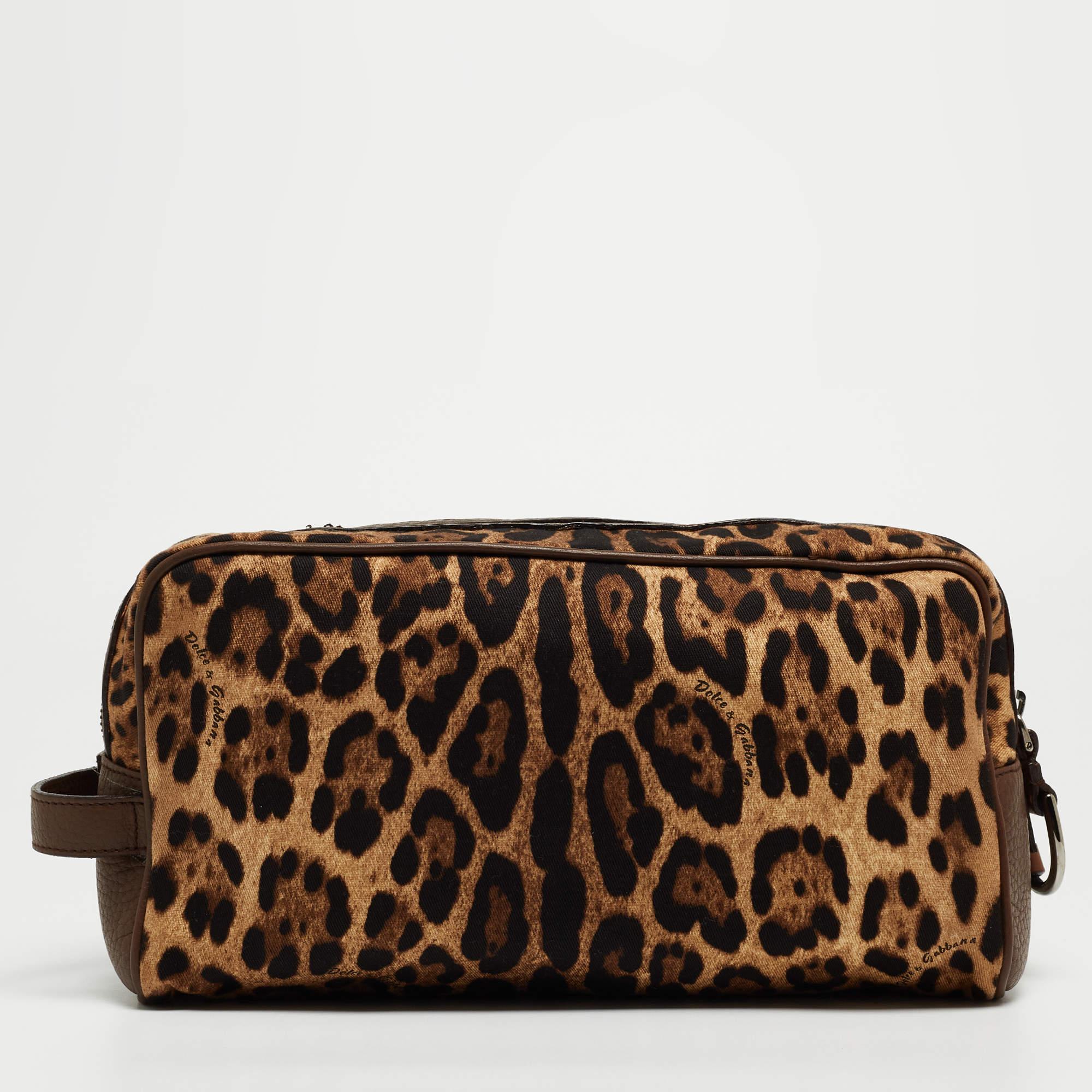 Women's Dolce & Gabbana Brown Leopard Print Fabric and Leather Cosmetic Pouch For Sale