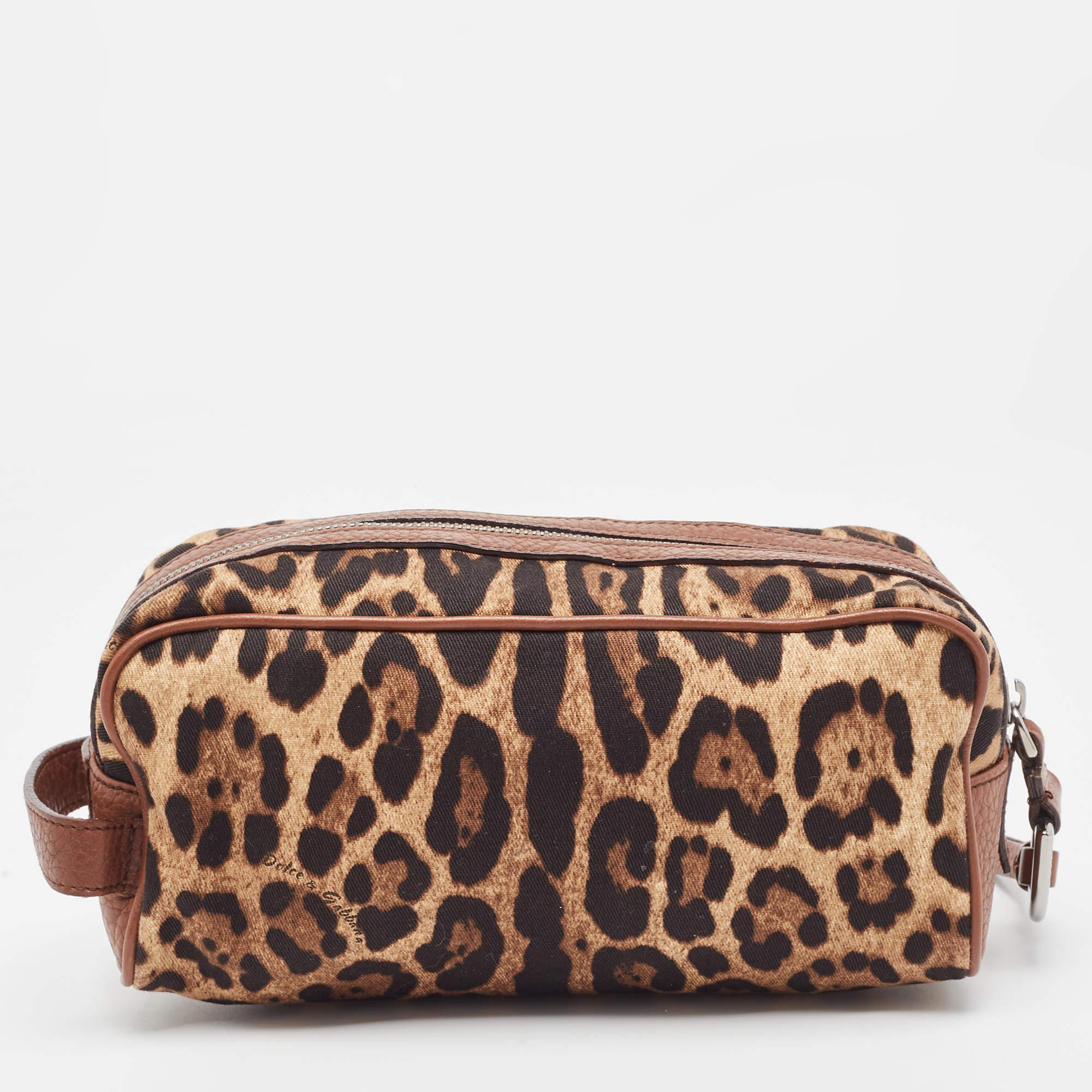 Dolce & Gabbana Brown Leopard Print Fabric and Leather Cosmetic Pouch For Sale 5