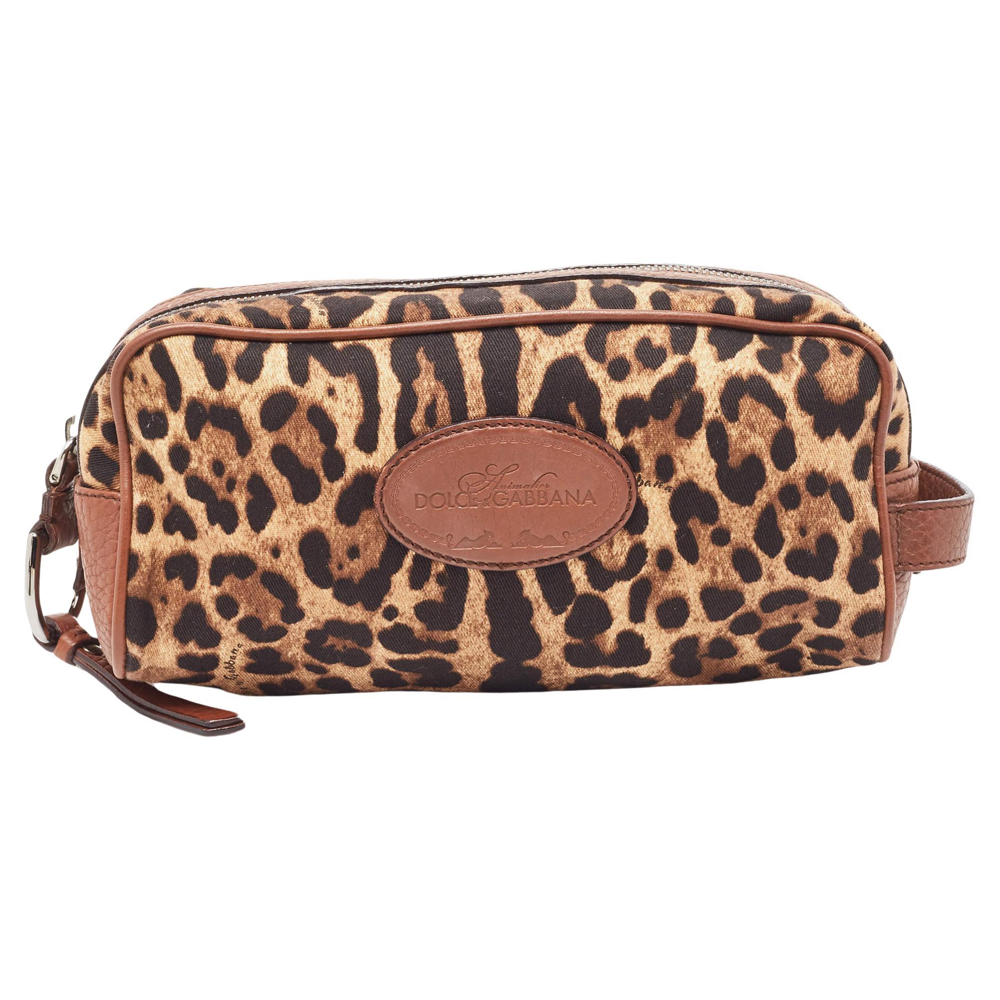 Dolce & Gabbana Brown Leopard Print Fabric and Leather Cosmetic Pouch For Sale