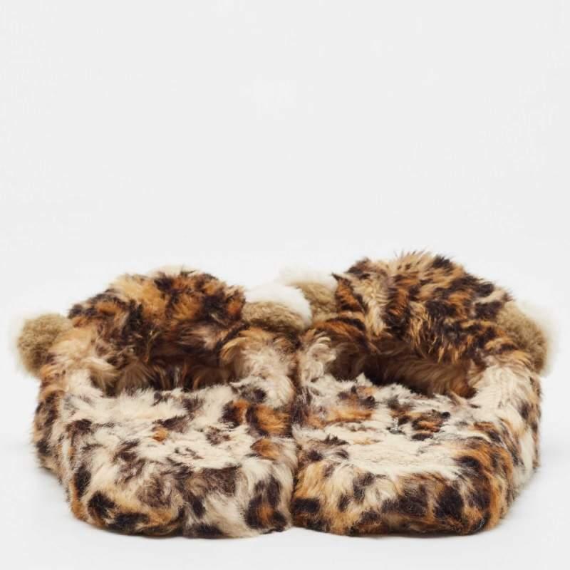 Dolce & Gabbana Brown Leopard Print Fur Plush Flat Slides Size 37 For Sale 1