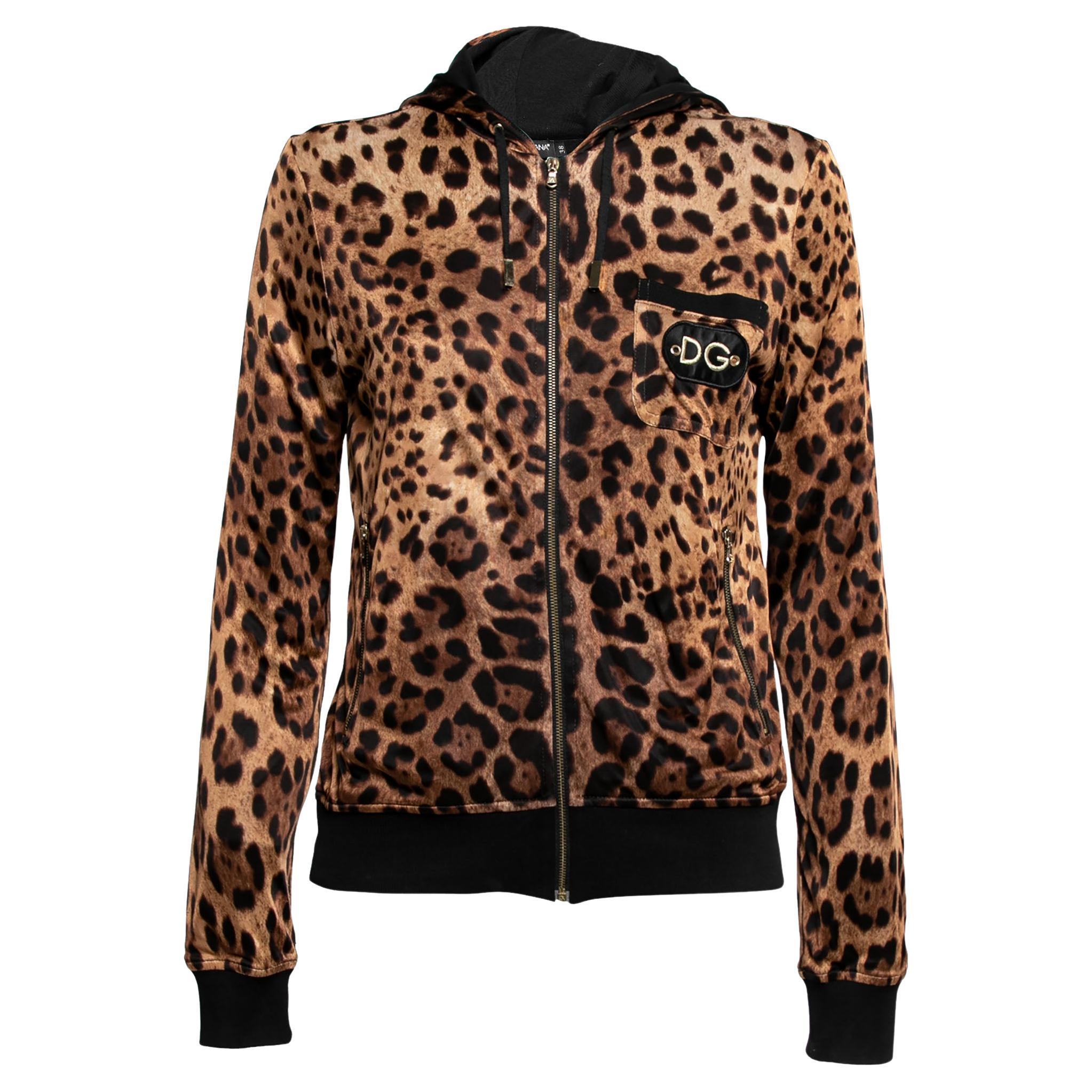 Dolce & Gabbana Brown Leopard Print Jersey Hoodie S