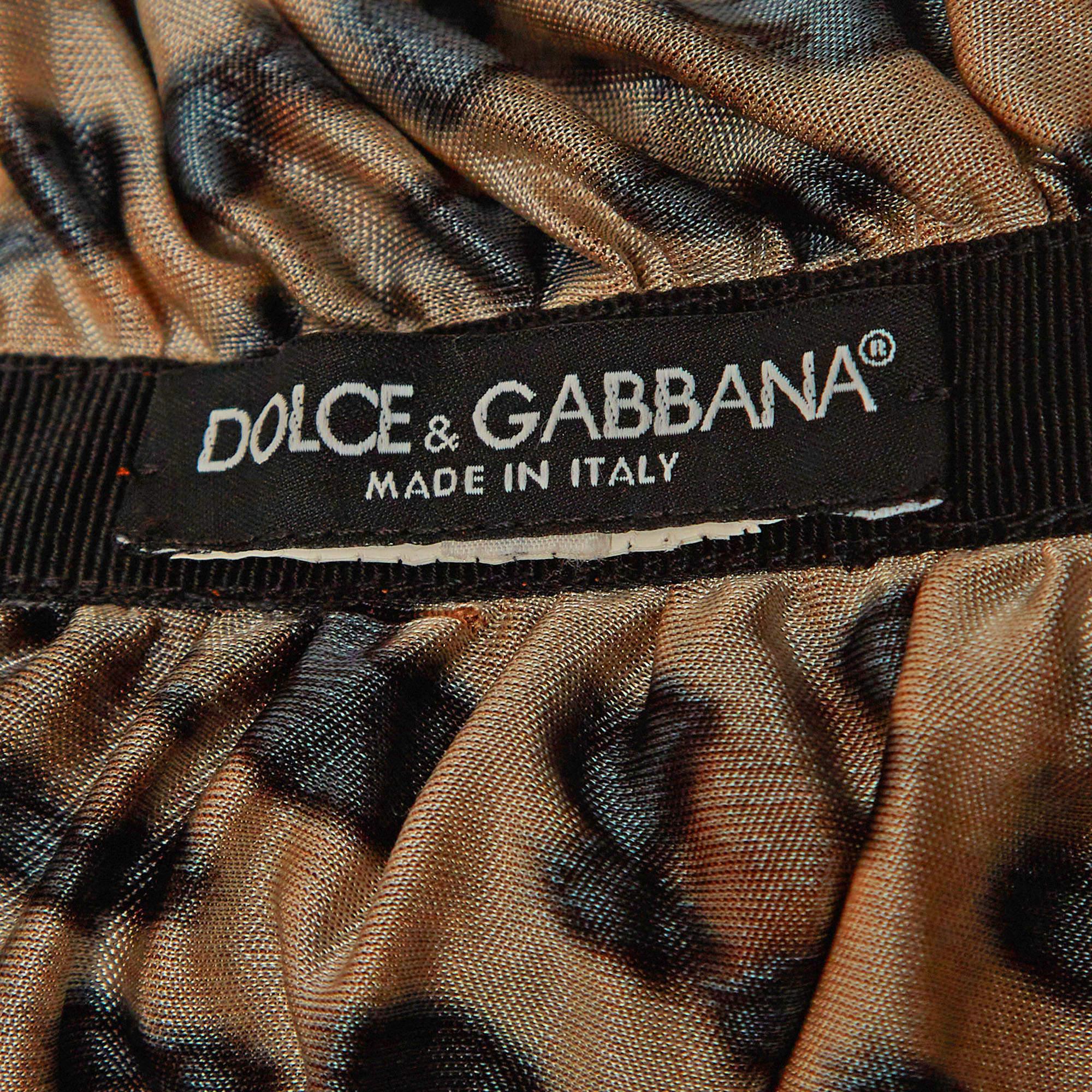 Dolce & Gabbana Brown Leopard Print Jersey Ruched Midi Dress S In Good Condition In Dubai, Al Qouz 2