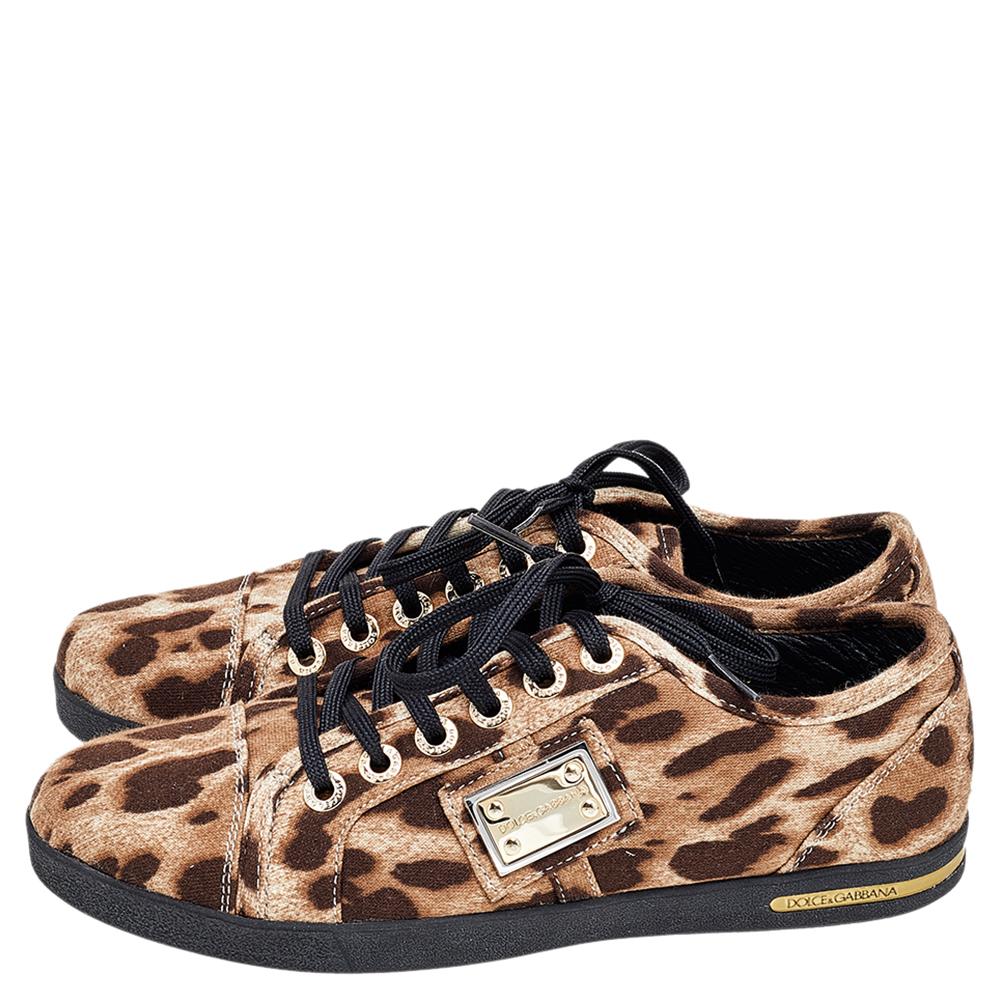 Black Dolce & Gabbana Brown Leopard Print Knit Fabric Low Top Sneakers Size 37 For Sale