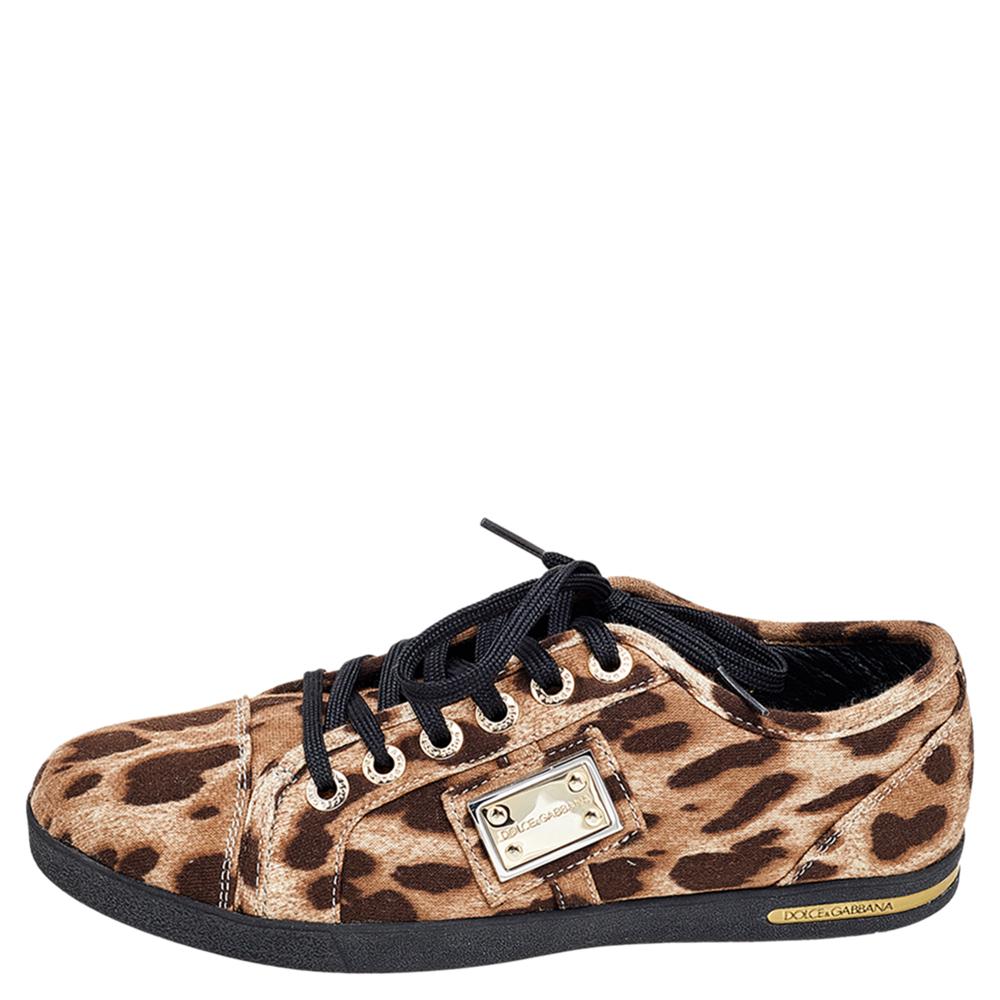 Dolce & Gabbana Brown Leopard Print Knit Fabric Low Top Sneakers Size 37 In Excellent Condition For Sale In Dubai, Al Qouz 2
