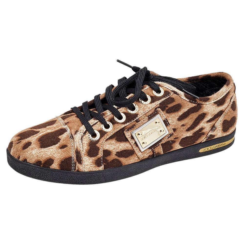 Dolce & Gabbana Brown Leopard Print Knit Fabric Low Top Sneakers Size 37 For Sale