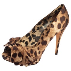 Dolce & Gabbana Brown Leopard Print Satin Bow Peep Toe Pumps Size 41