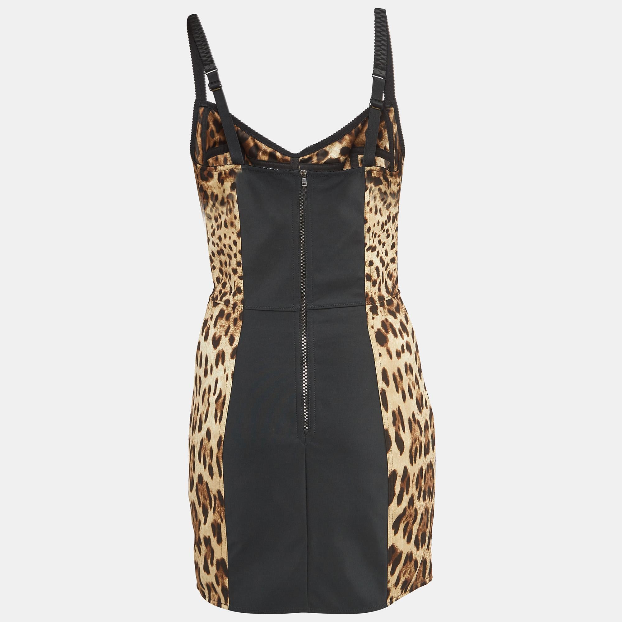 Dolce & Gabbana Brown Leopard Print Silk Blend Corset Strappy Mini Dress M Bon état - En vente à Dubai, Al Qouz 2