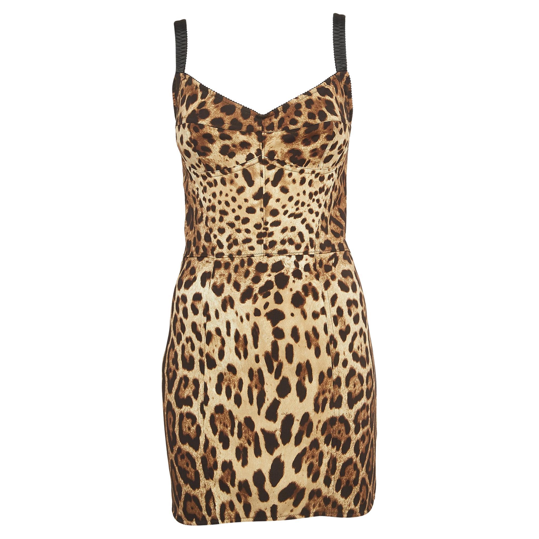 Dolce & Gabbana Brown Leopard Print Silk Blend Corset Strappy Mini Dress M For Sale