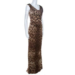Dolce & Gabbana Brown Leopard Print Silk Draped Maxi Dress M