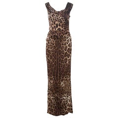 Dolce & Gabbana Brown Leopard Print Silk Draped Maxi Dress M