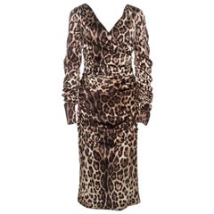 Dolce & Gabbana Brown Leopard Print Silk Ruched Midi Dress L