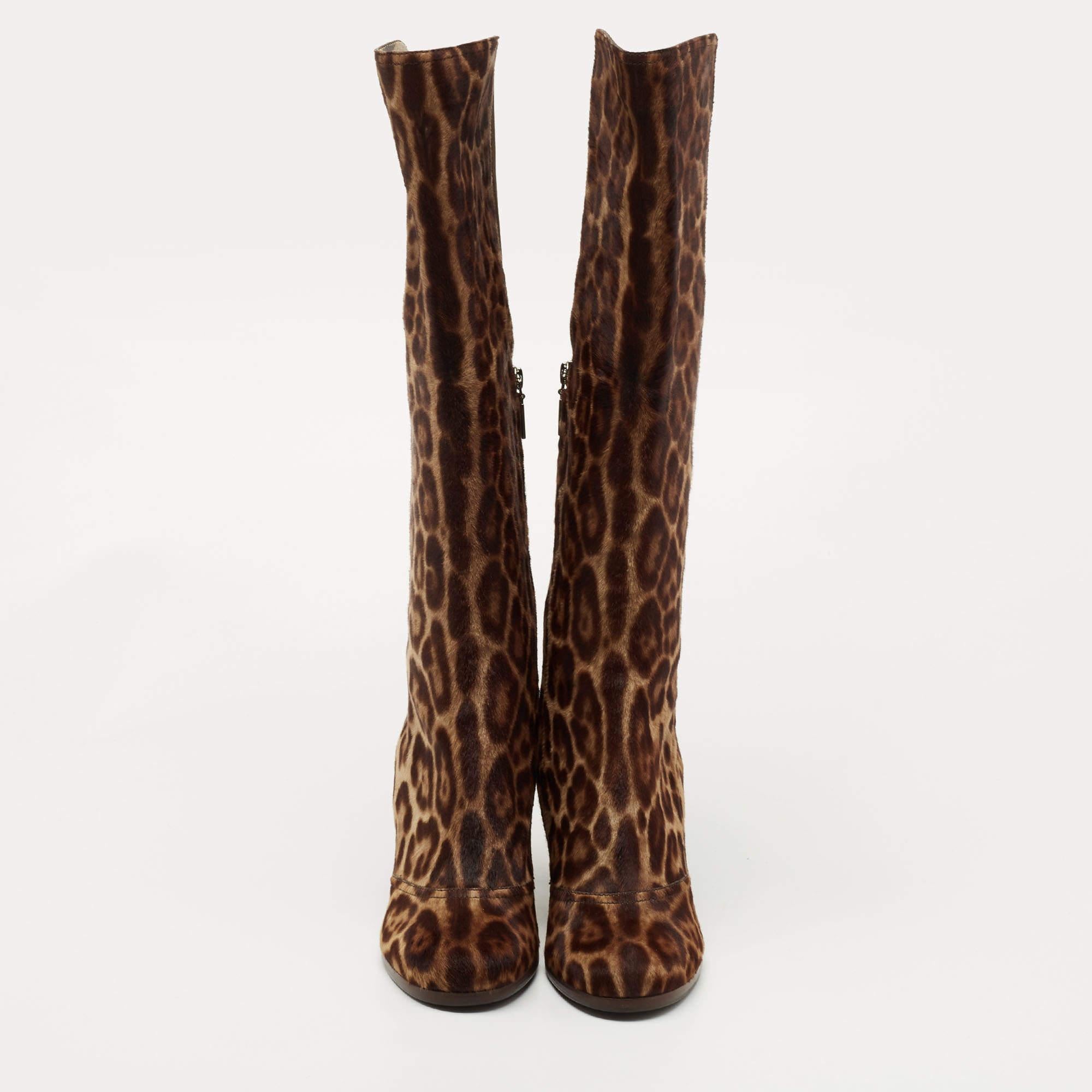 Black Dolce & Gabbana Brown Leopard Print Suede Knee Length Boots Size 40 For Sale