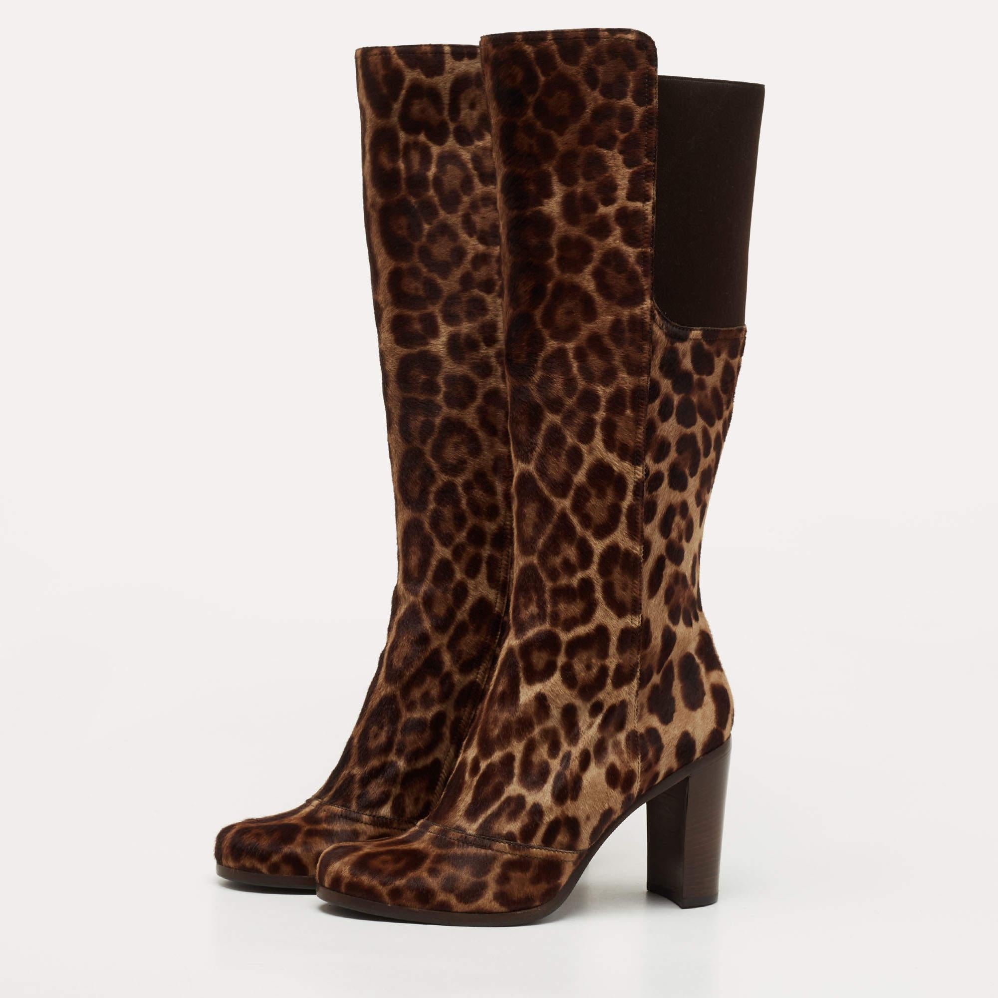 Women's Dolce & Gabbana Brown Leopard Print Suede Knee Length Boots Size 40 For Sale