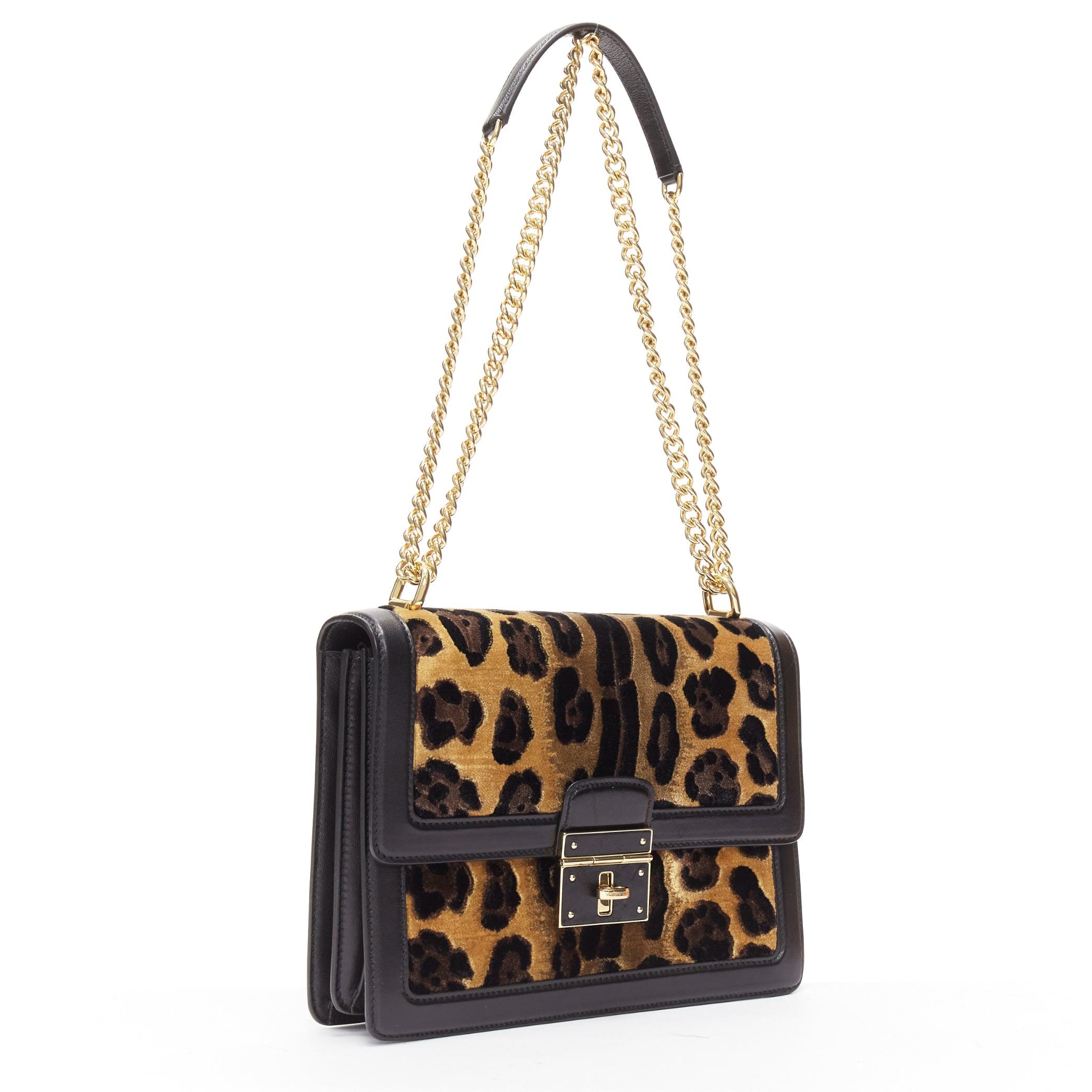 DOLCE GABBANA brown leopard print velvet black leather flap chain bag In Good Condition For Sale In Hong Kong, NT