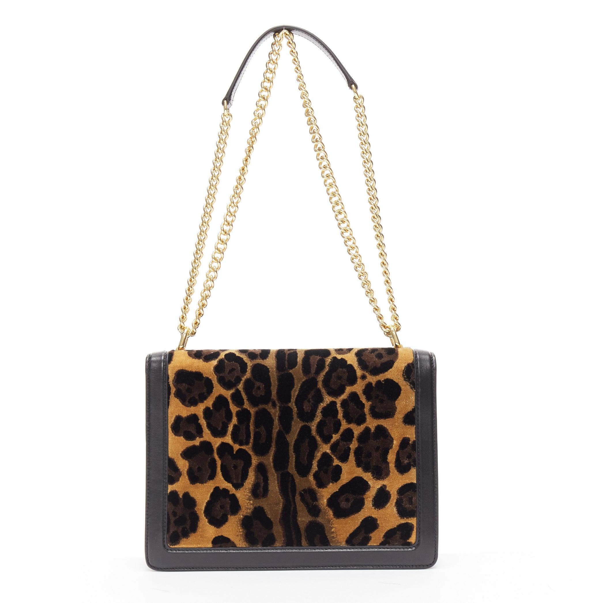 DOLCE GABBANA brown leopard print velvet black leather flap chain bag For Sale 1