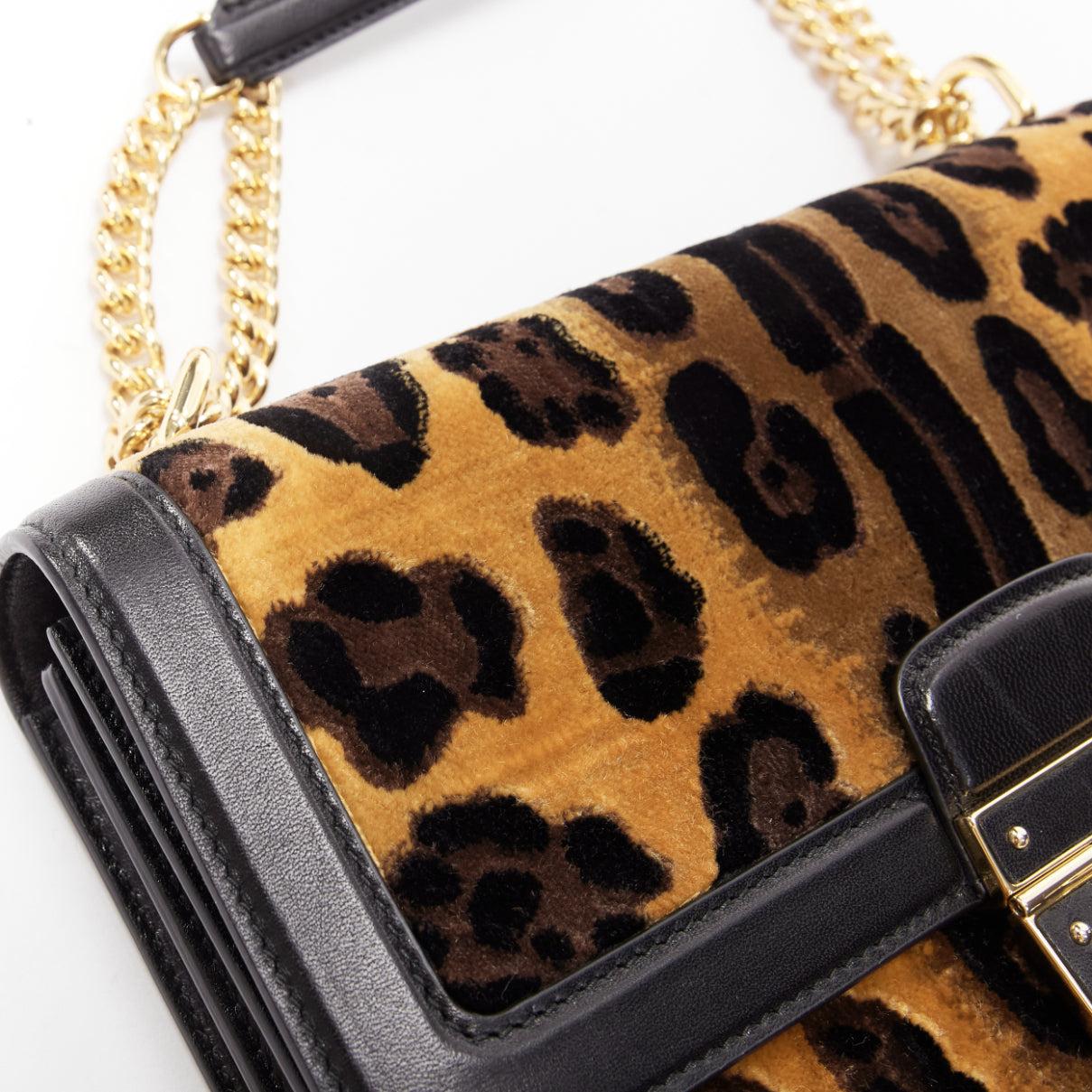 DOLCE GABBANA brown leopard print velvet black leather flap chain bag For Sale 4