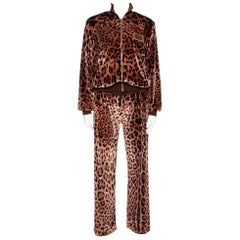 Dolce & Gabbana Brown Leopard Print Velvet Pants And Jacket Set M