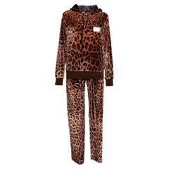 Dolce & Gabbana Brown Leopard Print Velvet Pants & Hoodie Set M