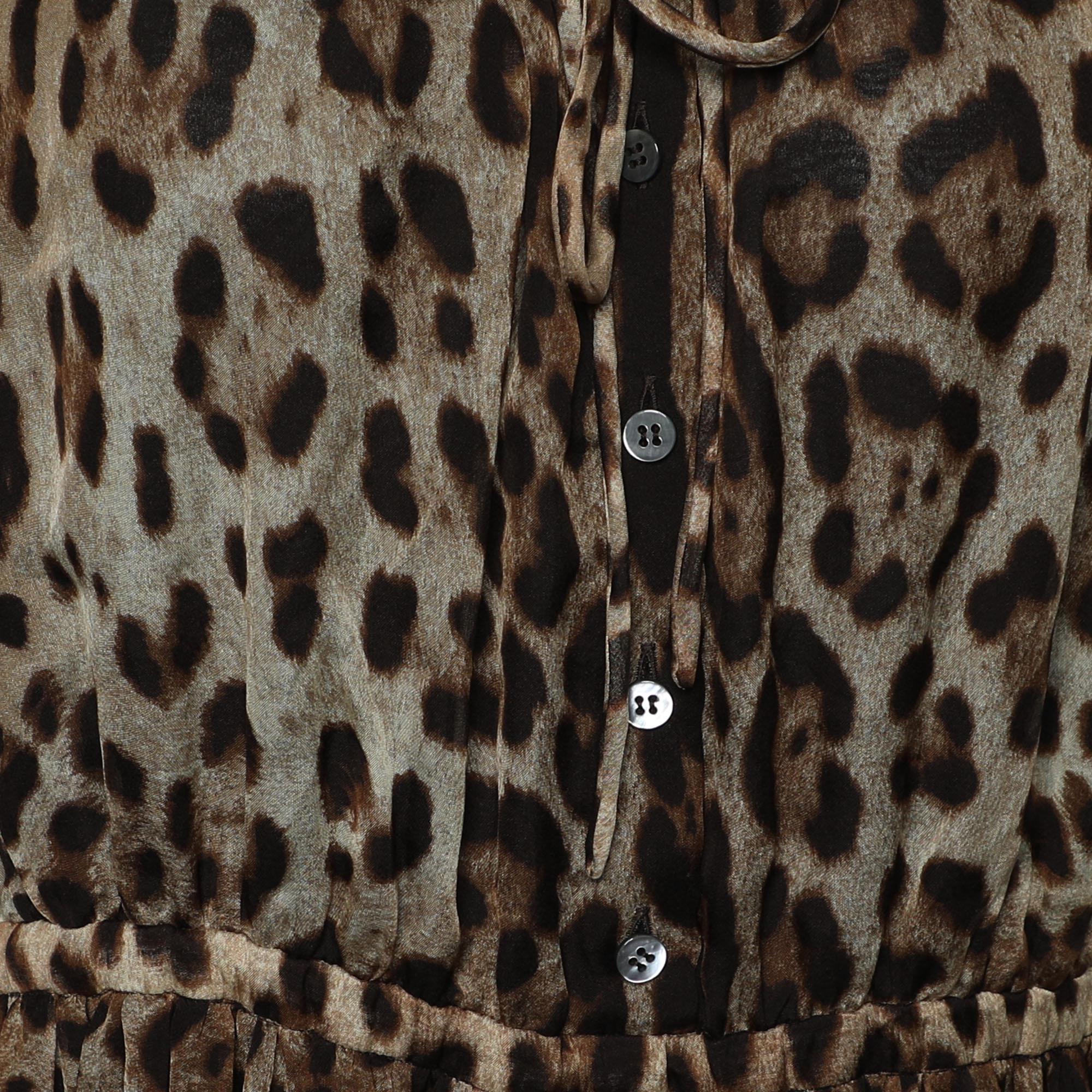 Black Dolce & Gabbana Brown Leopard Printed Silk Pleated Puffed Sleeve Dress L