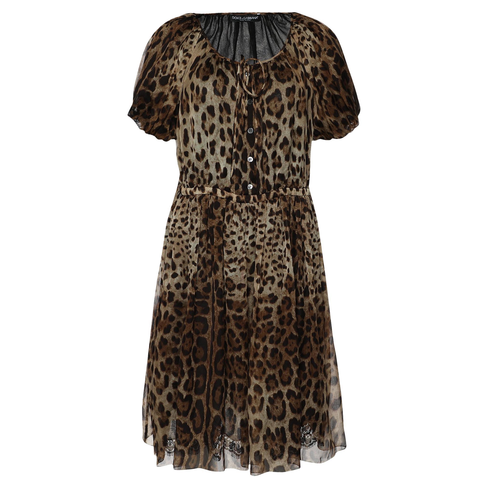 Dolce & Gabbana Brown Leopard Printed Silk Pleated Puffed Sleeve Dress L
