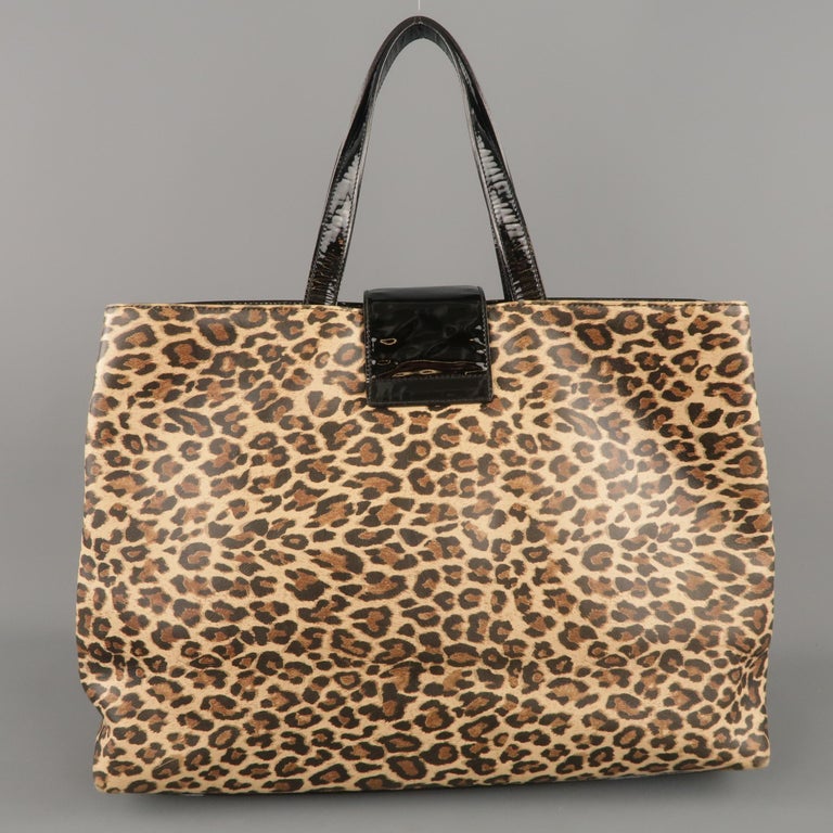 DOLCE and GABBANA Brown Leopard Vinyl and Black Patent Leather Tote Bag ...