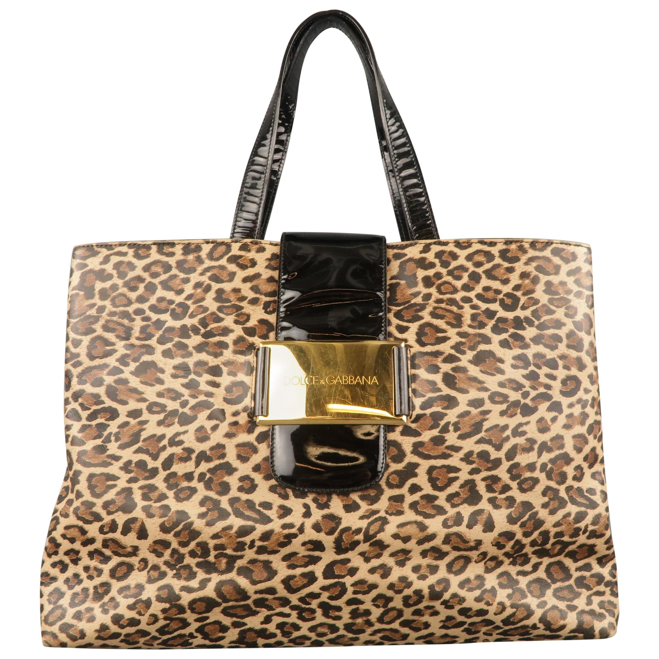 DOLCE 
GABBANA Brown Leopard Vinyl 
Black Patent Leather Tote Bag