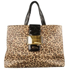 DOLCE & GABBANA Brown Leopard Vinyl & Black Patent Leather Tote Bag