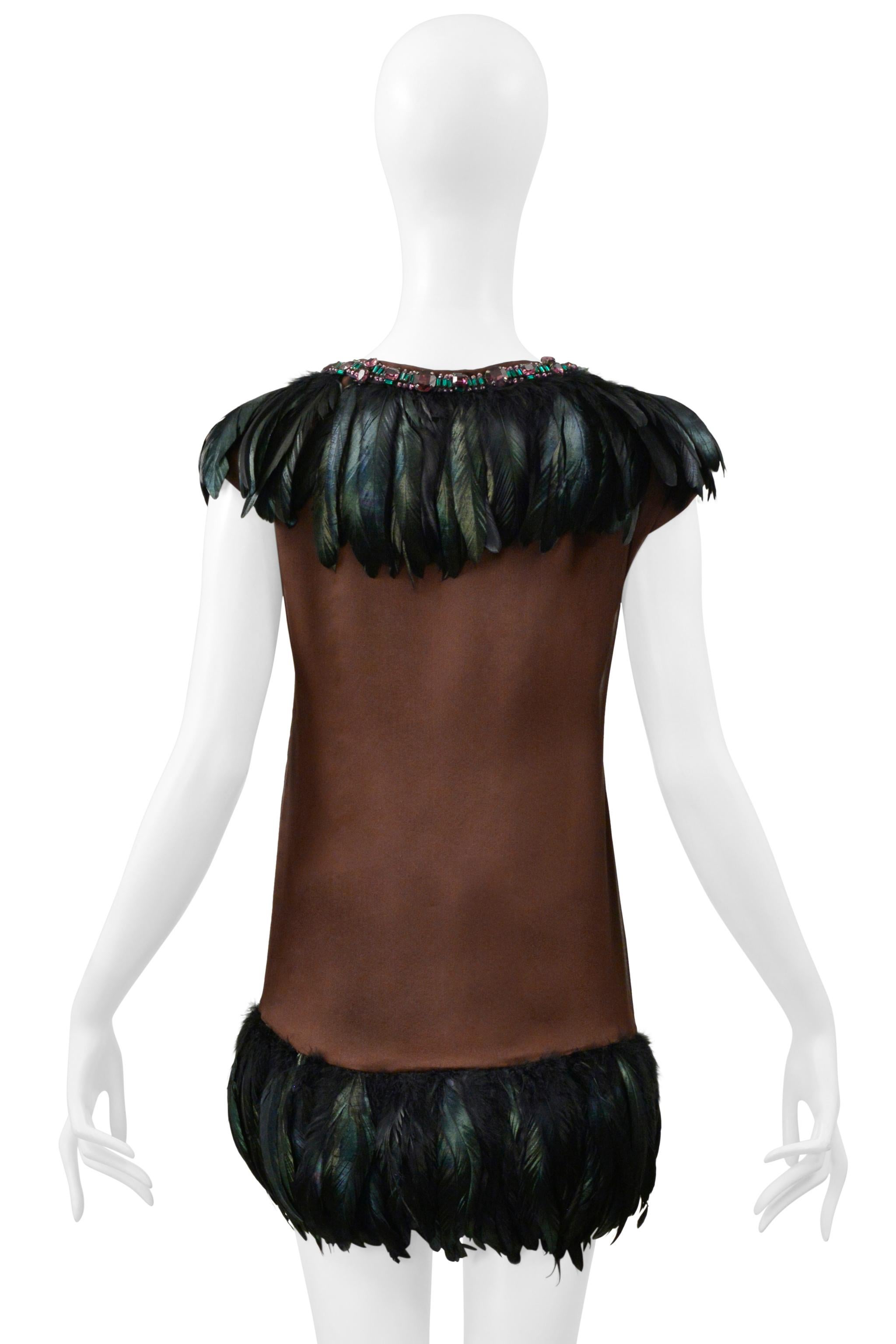 Dolce & Gabbana Brown Mini Dress With Feathers and Giant Rhinestone Collar For Sale 5