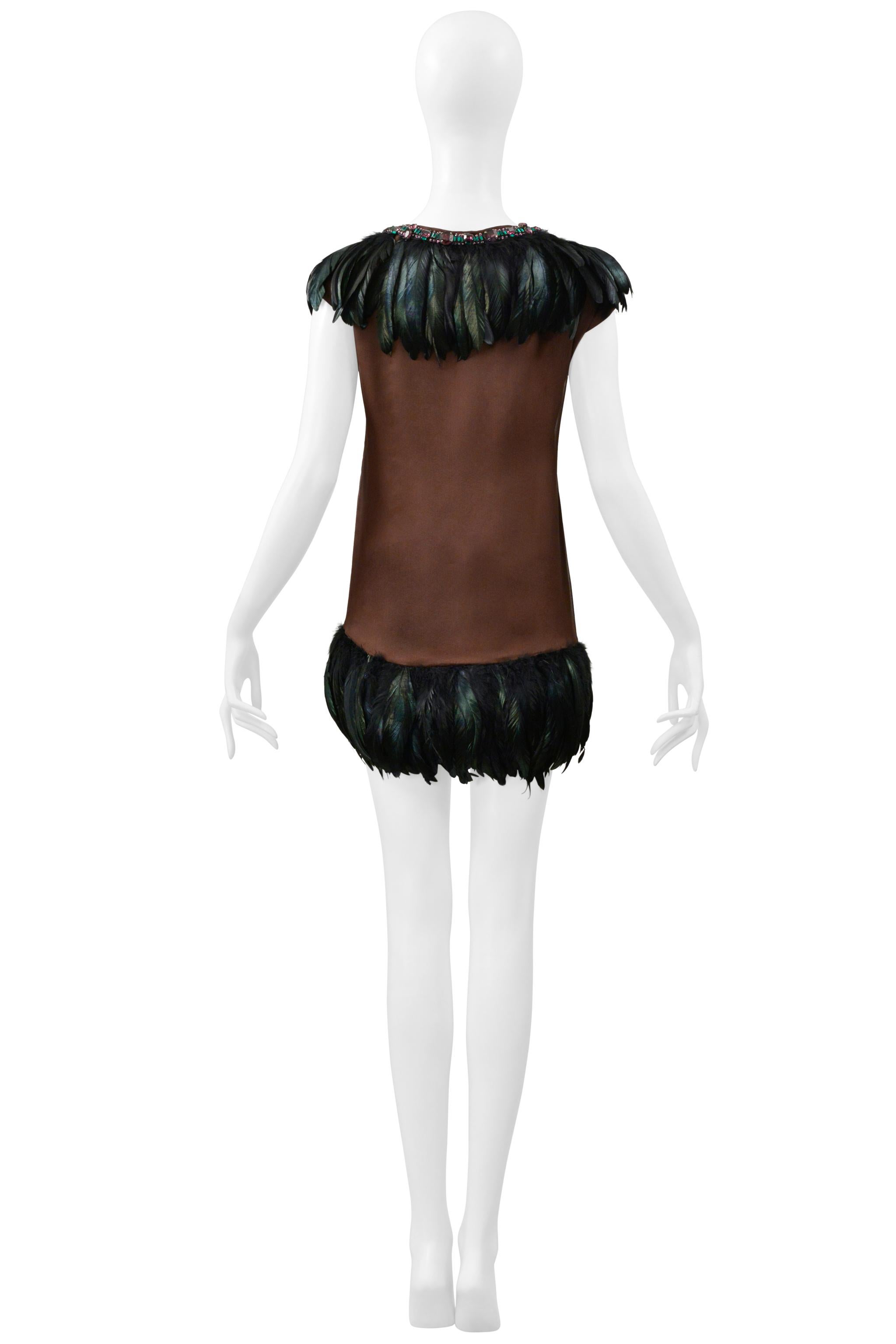 Dolce & Gabbana Brown Mini Dress With Feathers and Giant Rhinestone Collar For Sale 6
