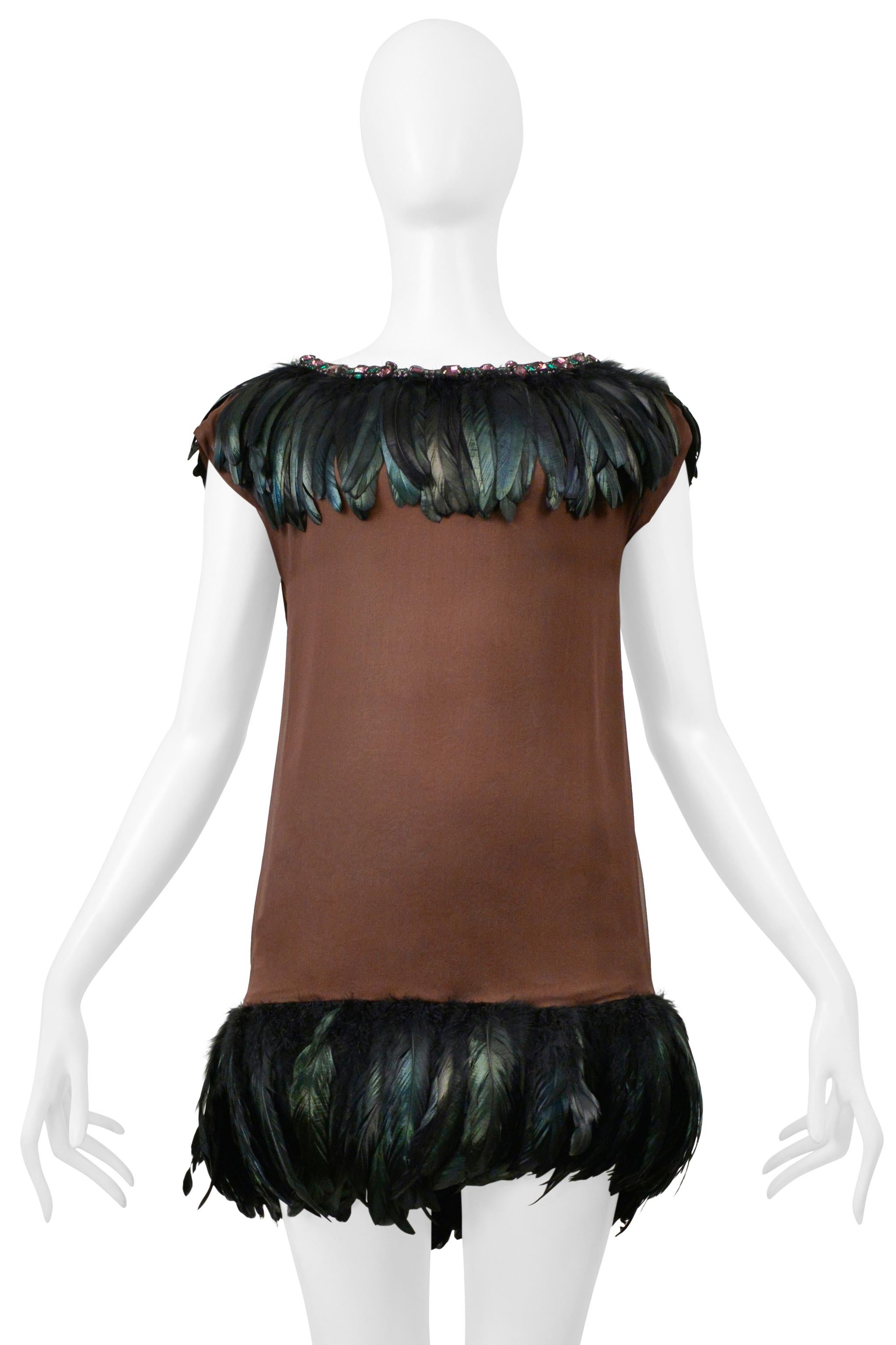 Black Dolce & Gabbana Brown Mini Dress With Feathers and Giant Rhinestone Collar For Sale
