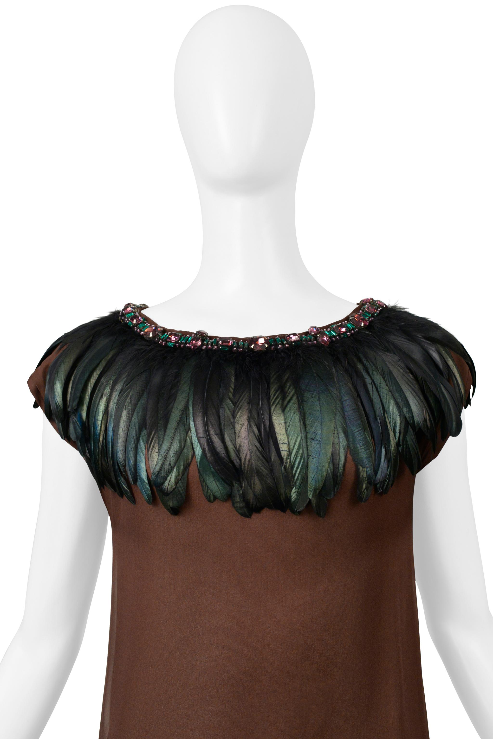 Dolce & Gabbana Brown Mini Dress With Feathers and Giant Rhinestone Collar In Good Condition For Sale In Los Angeles, CA