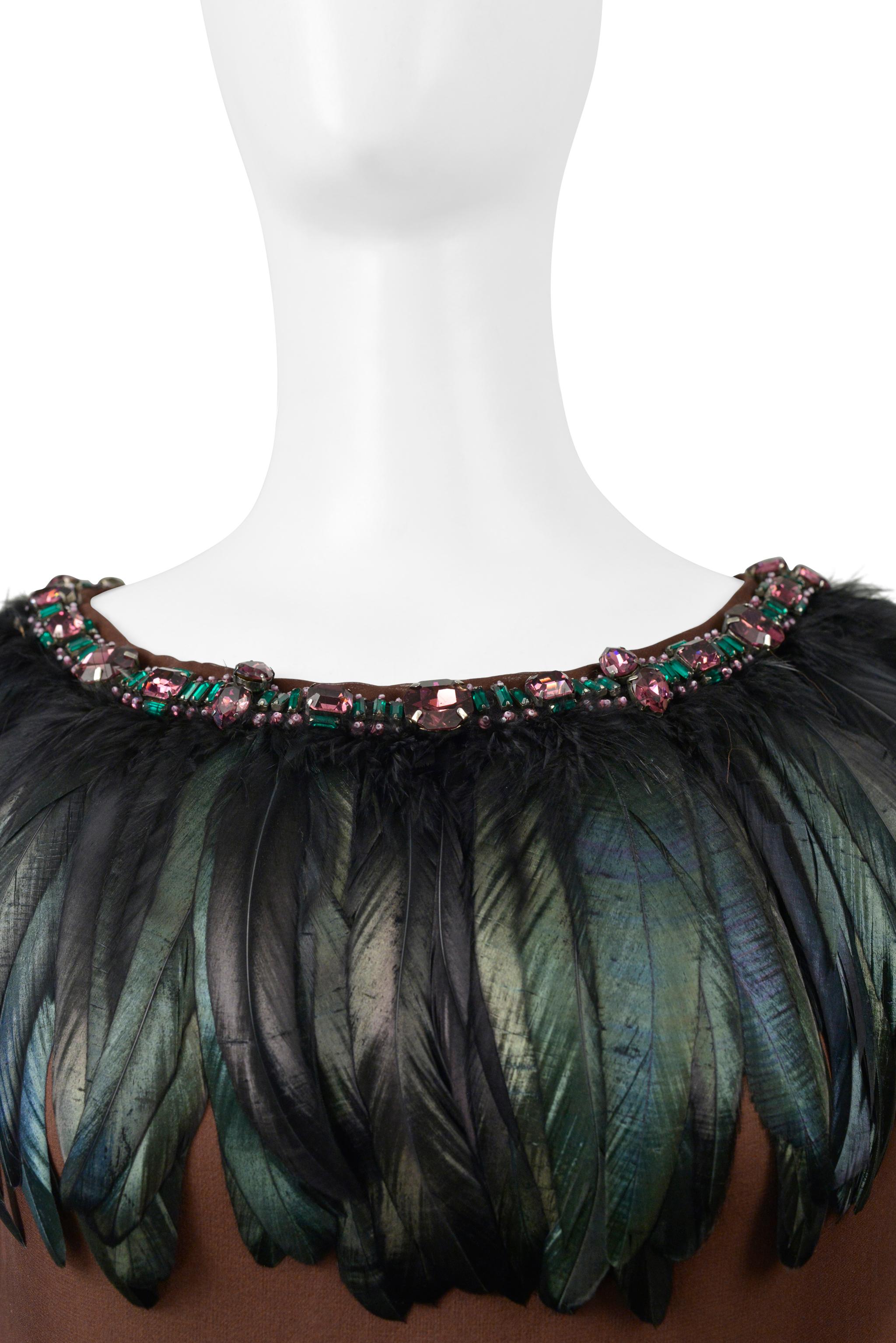 Women's Dolce & Gabbana Brown Mini Dress With Feathers and Giant Rhinestone Collar For Sale