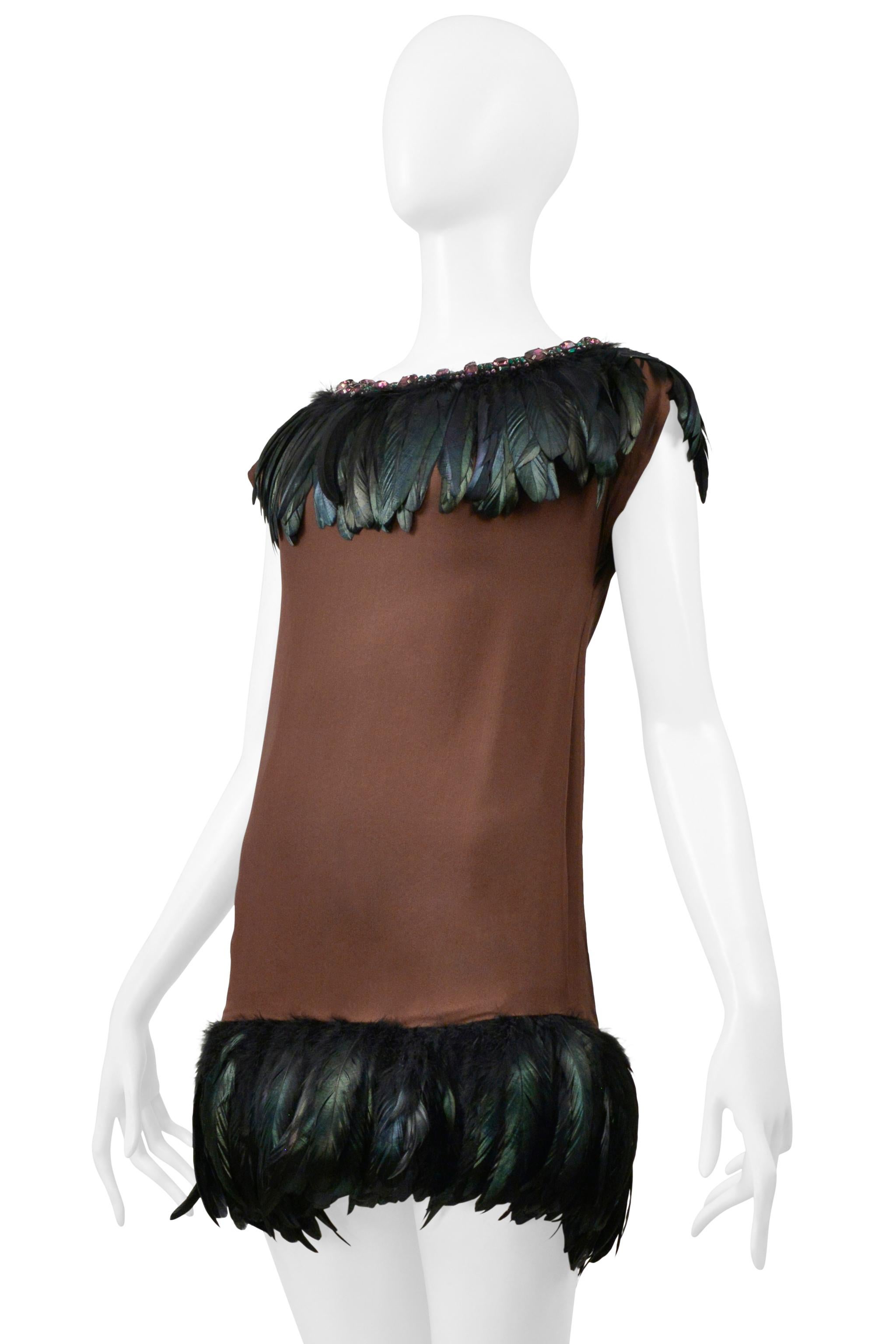 Dolce & Gabbana Brown Mini Dress With Feathers and Giant Rhinestone Collar For Sale 1
