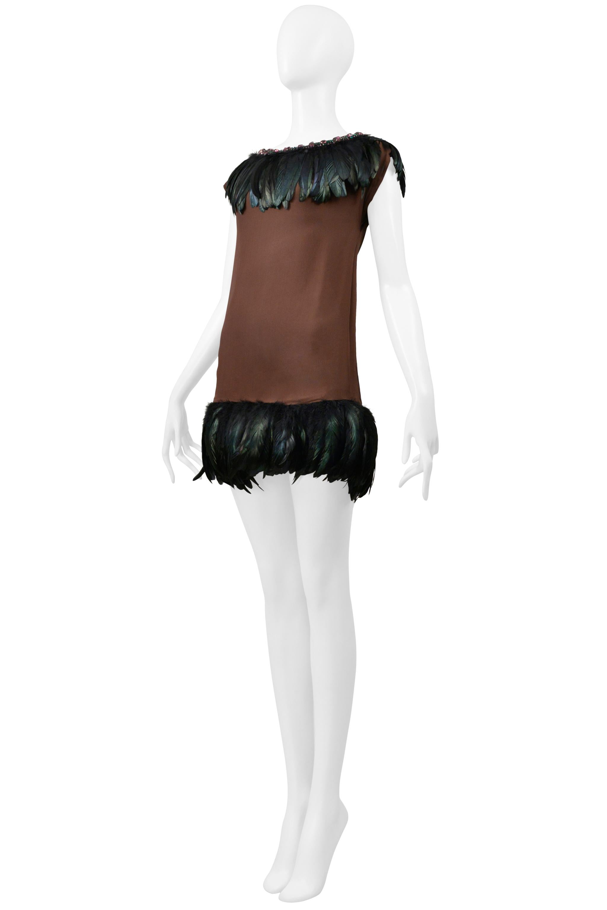 Dolce & Gabbana Brown Mini Dress With Feathers and Giant Rhinestone Collar For Sale 2