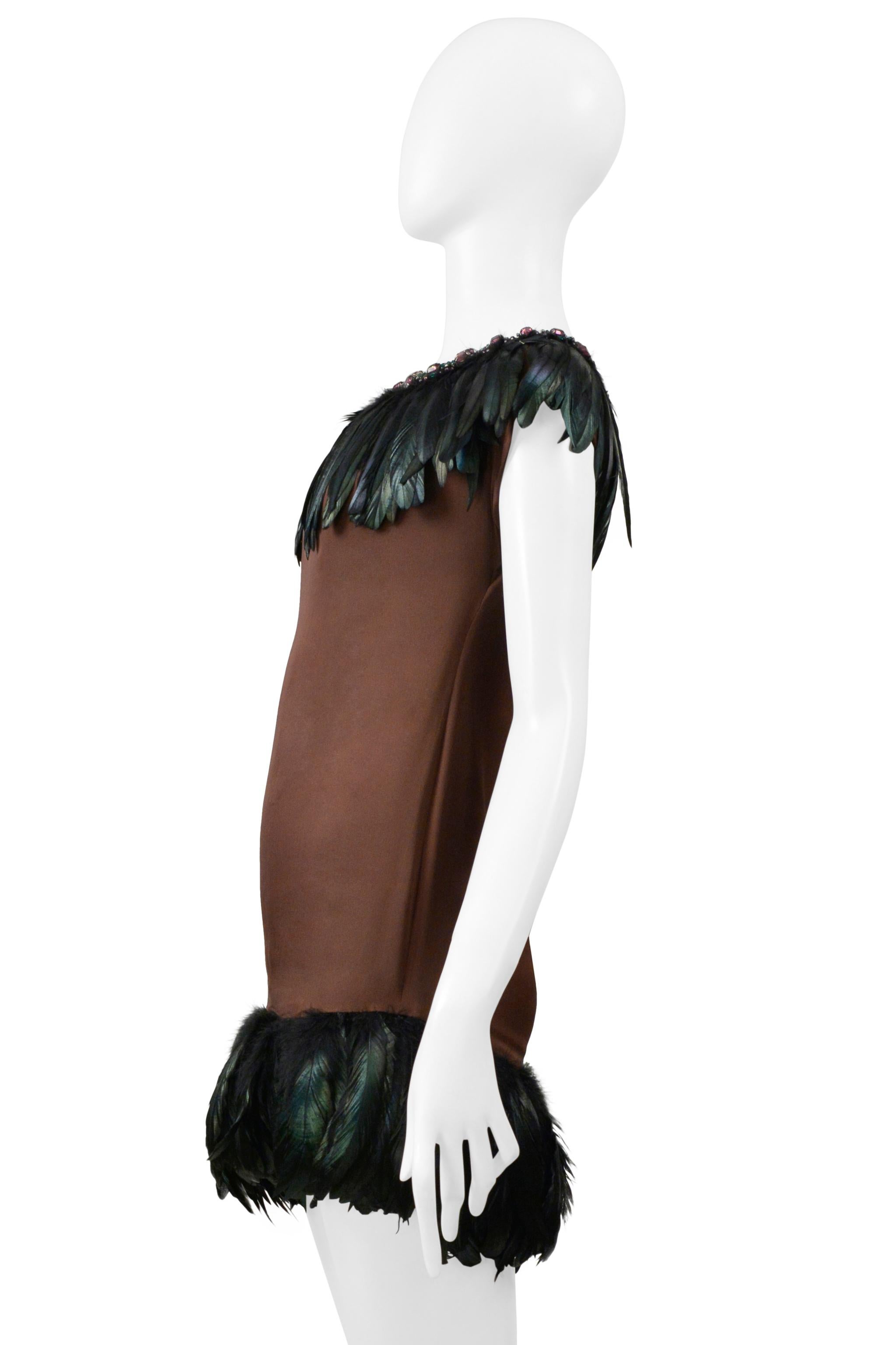 Dolce & Gabbana Brown Mini Dress With Feathers and Giant Rhinestone Collar For Sale 3