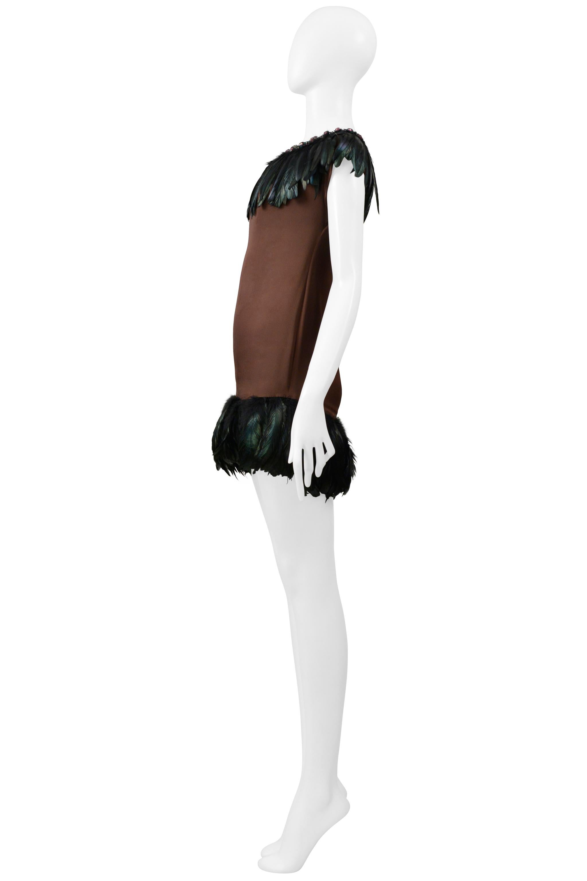 Dolce & Gabbana Brown Mini Dress With Feathers and Giant Rhinestone Collar For Sale 4