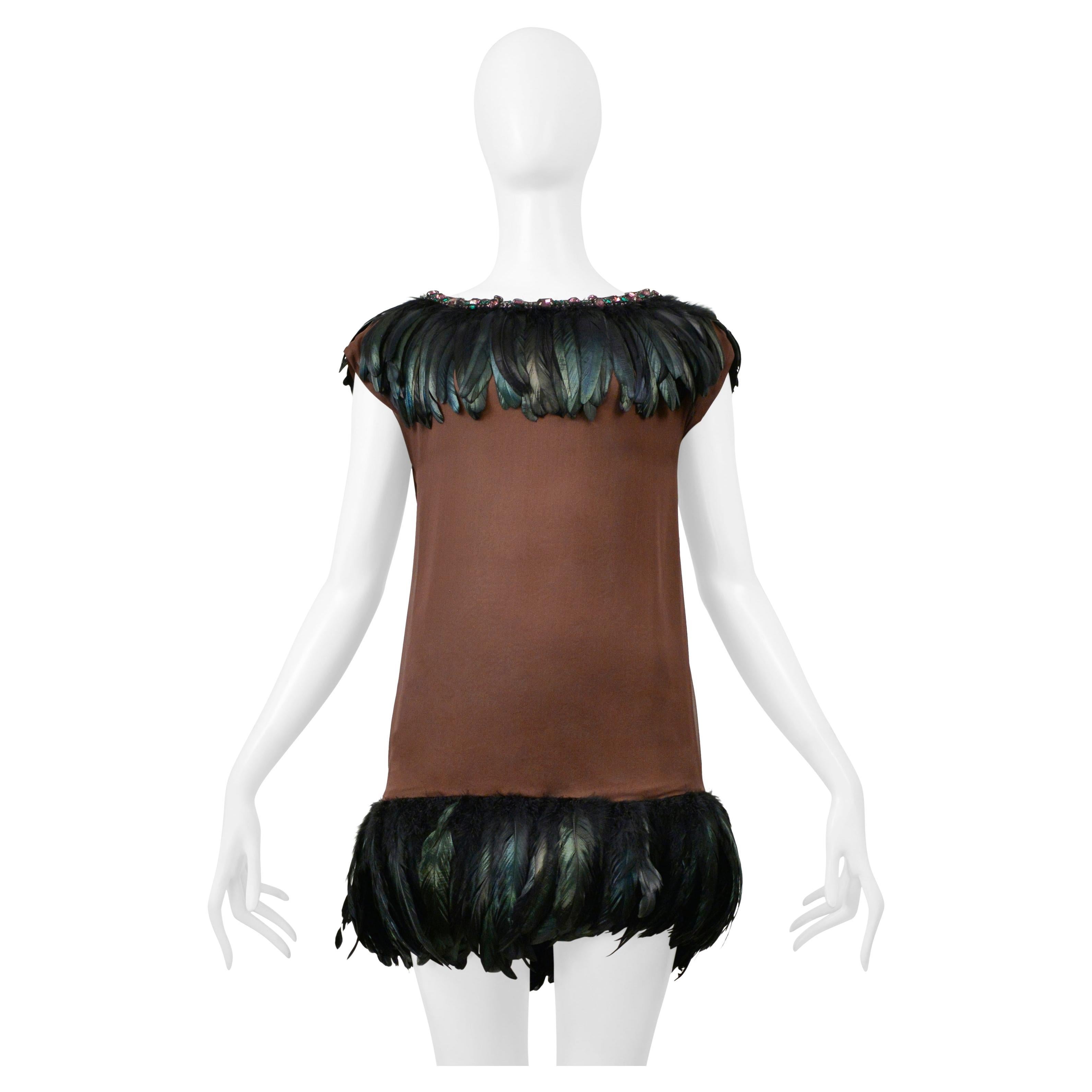 Dolce & Gabbana Brown Mini Dress With Feathers and Giant Rhinestone Collar For Sale