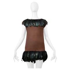 Dolce & Gabbana Brown Mini Dress With Feathers and Giant Rhinestone Collar