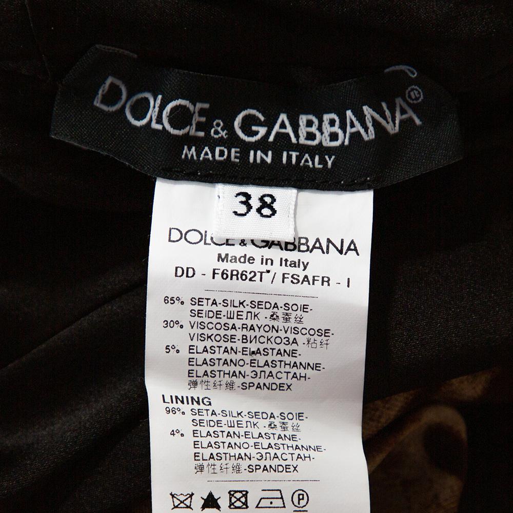 Black Dolce & Gabbana Brown Mixed Print Silk Ruched Dress S For Sale