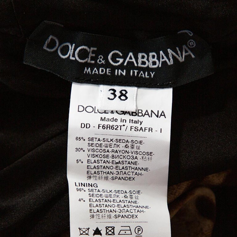 Dolce and Gabbana Brown Mixed Print Silk Ruched Dress S For Sale at 1stDibs