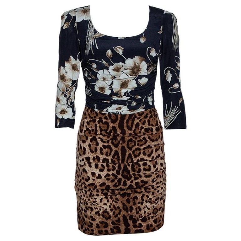 Dolce and Gabbana Brown Mixed Print Silk Ruched Dress S For Sale at 1stDibs